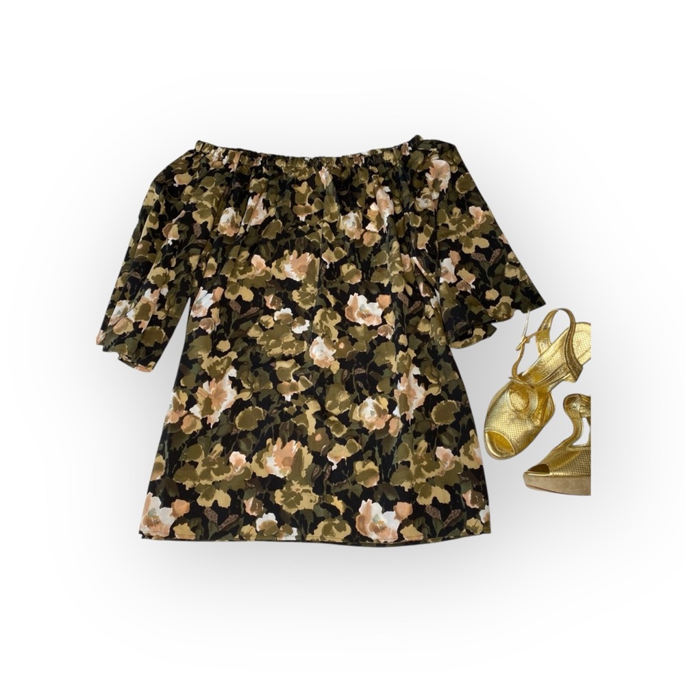 new French Connection 𑁍 Dream Floral Print Off Shoulder Mini Dress 𑁍 Olive 𑁍 XS - Picture 7 of 16